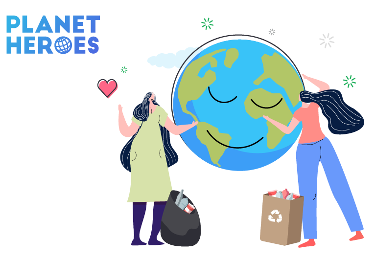 Grafika przedstawia dwie postacie dbające o planetę Ziemia